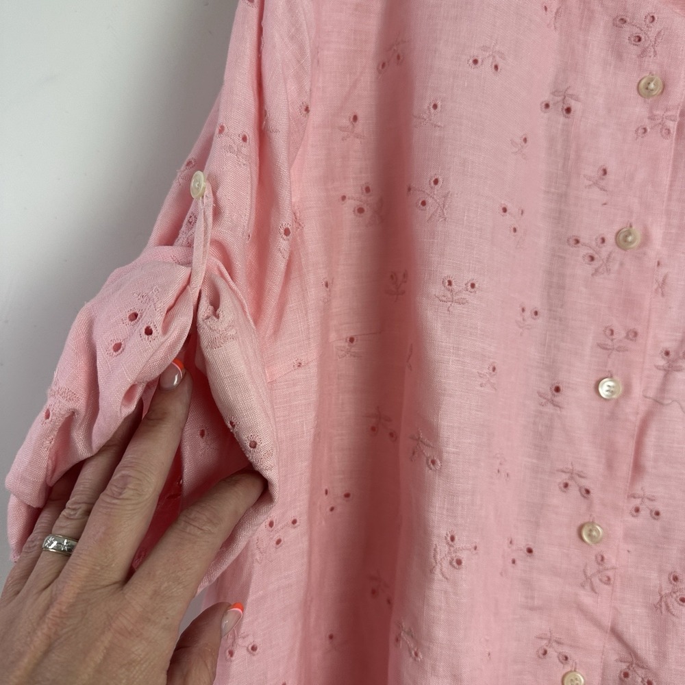 New Ralph Lauren Linen Shirt Womens 2X Button Up Pink Eyelet Lace Roll Tab L/S - Picture 7 of 8